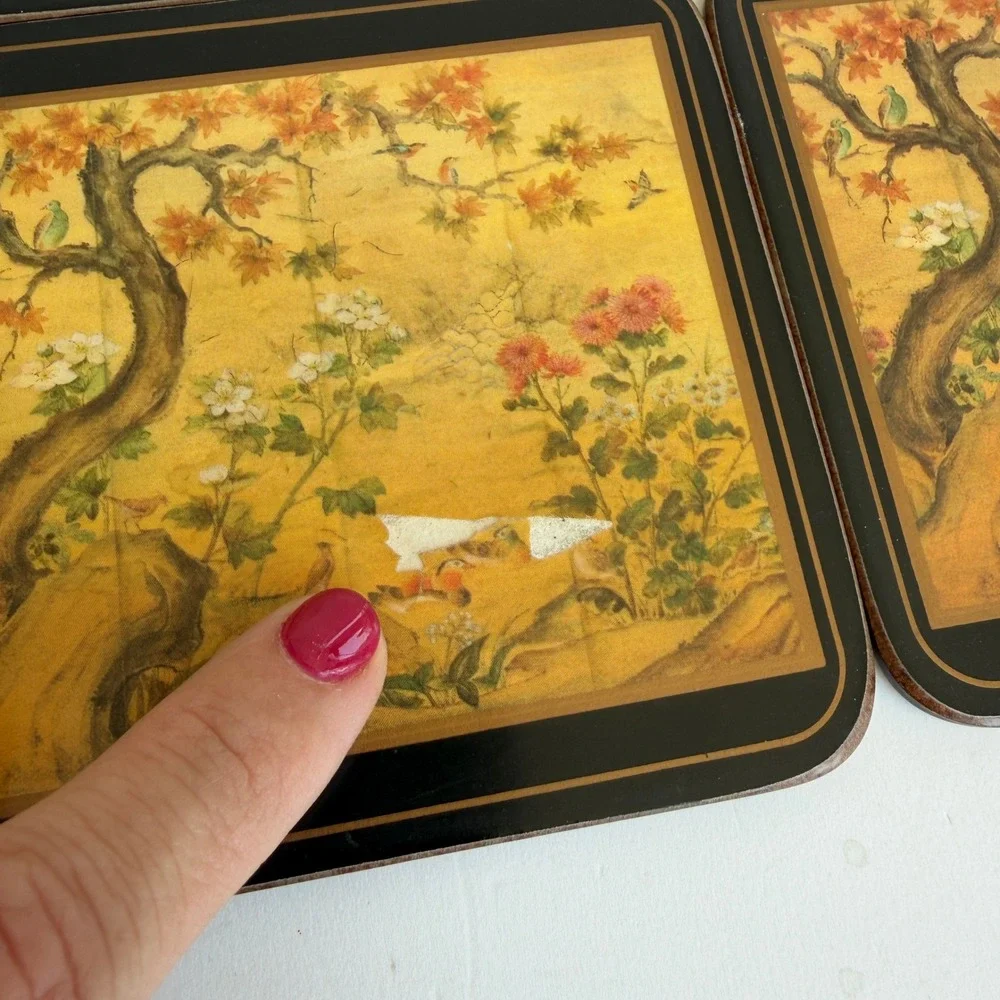 Vintage Pimpernel England Chinoiserie Cork Coasters Set of 6 Gold Bird Floral